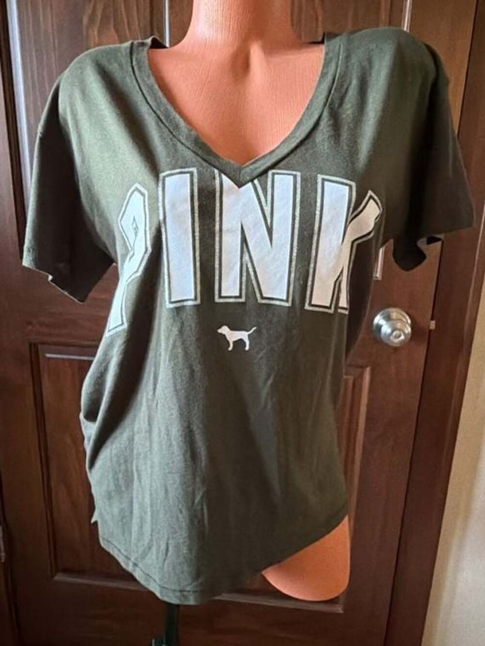 Victoria's Secret PINK Olive Green V-Neck Graphic Logo T-Shirt
